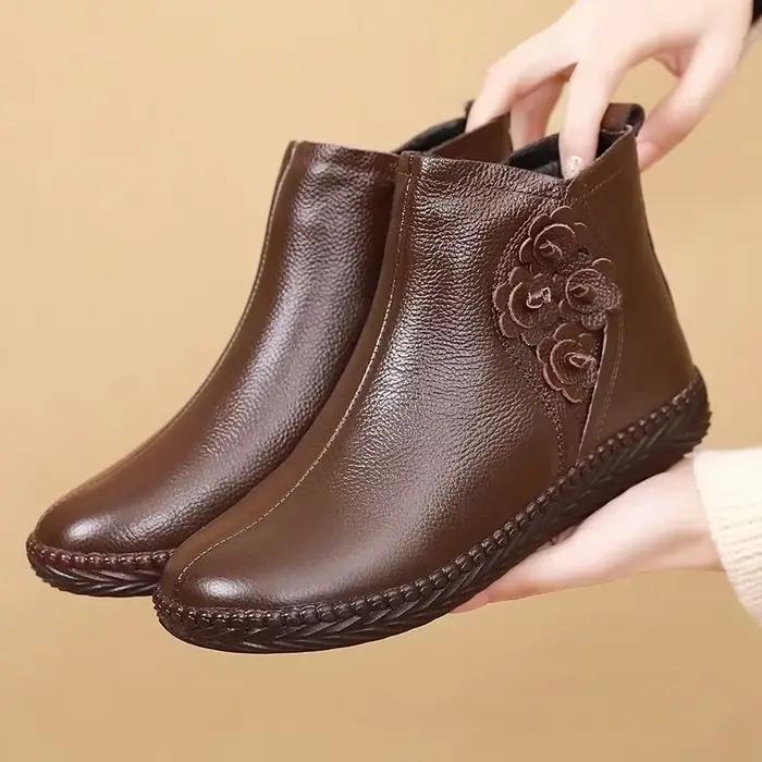2025 bottes d'hiver en cuir véritable femmes chaud en peluche talon bas mode fleur confortable bottines plates pour les femmes doux
