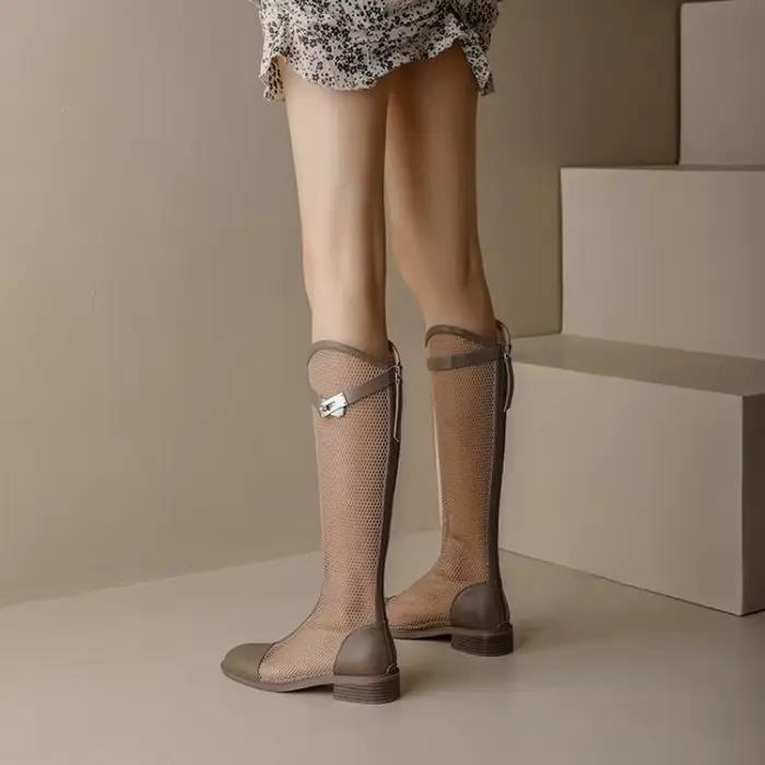 2025New femmes bottes été maille respirant évider botte longue mode genou-bottes