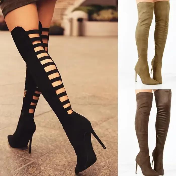 Bottes longues noires sexy pour femmes d'automne et d'été, talons hauts, sur le genou, bottes à talons fins et plateforme, daim de vache et PVC, ajustement parfait, style élégant