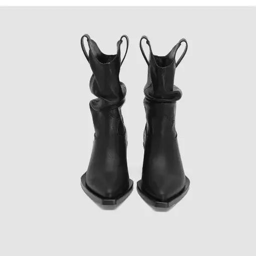 Bottes de cowboy à talons épais en cuir PU pour femmes, bottines western plissées mi-mollet, tube adt, automne, hiver, nouveau