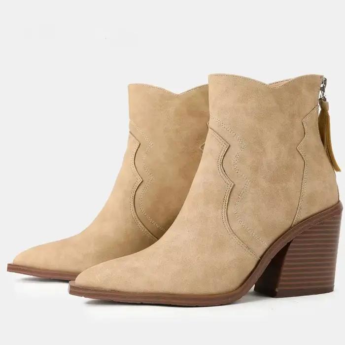 Talons en bois épais bottes femme chaussures en cuir solide bout pointu compensées Botas Feminina Cowboy cheville