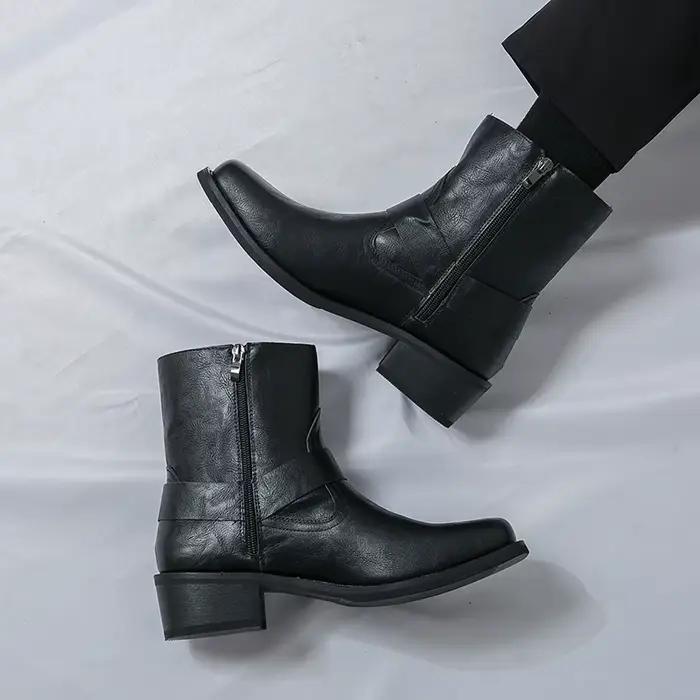Bottines en cuir à talons épais pour hommes, bottes de marche décontractées avec fermeture éclair latérale, antidérapantes, pour l'automne et l'hiver