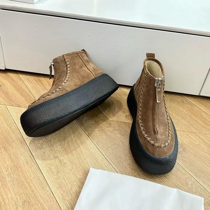 Bottes en daim de vache bout rond pour femmes, fermeture éclair avant, élégantes et confortables pour l'automne et le printemps, idéales pour toutes occasions