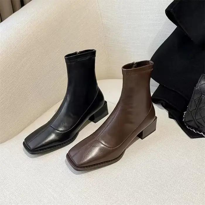 Bottes courtes à bout carré pour femmes, bottes à talons épais, amincissantes, à la mode et décontractées, nouvel arrivage, 2025