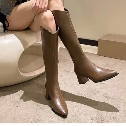 Bottes pour femmes de grande taille, décontractées et élégantes, style romain, à talon épais, bout pointu, mi-mollet, pour l'automne et l'hiver