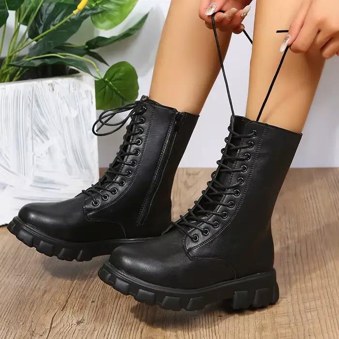 Bottes à plateforme confortables de couleur unie pour femmes, bottes à fermeture éclair latérale à lacets à la mode avec un Design confortable