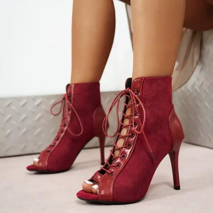Bottines d'été noires à talons hauts pour femmes, escarpins en daim à bout ouvert et à lacets, chaussures de danse Jazz pour dames, grande taille, 2025