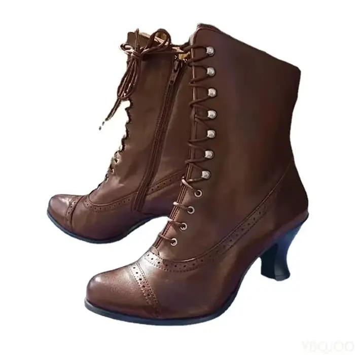 Bottes courtes à talon haut et bout pointu pour femmes, style victorien, collection printemps/automne/hiver, en PU, avec semelle antidérapante et fermeture par lacets, disponibles en brun, gris et noir, pour une utilisation polyvalente