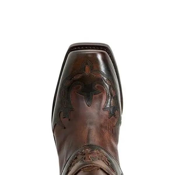 Bottines occidentales en cuir pour hommes, accents de boucle, détails brodés, Style Chic robuste pour les sorties d'automne/hiver, looks de mode