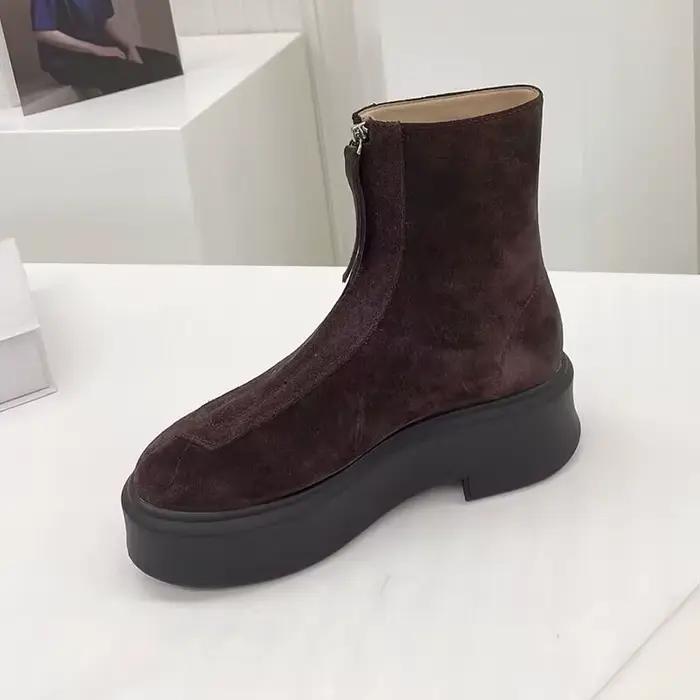 Nouvelles femmes avant fermeture éclair conception cheville Botas vache daim semelle épaisse couleur unie bottes
