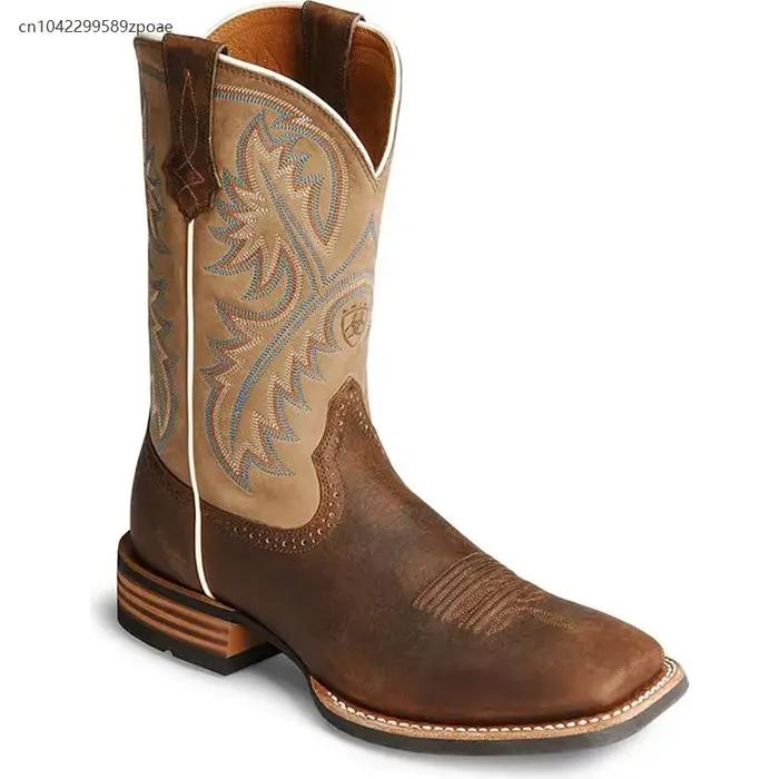 Bottes de Cowboy occidentales rétro mi-tube, noires et marron, accessoires de jeu de rôle, chaussures en cuir faites à la main, bottes d'équitation Cyberpunk unisexes