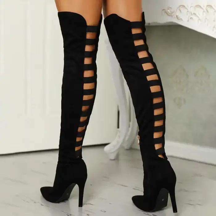 Bottes longues noires sexy pour femmes d'automne et d'été, talons hauts, sur le genou, bottes à talons fins et plateforme, daim de vache et PVC, ajustement parfait, style élégant