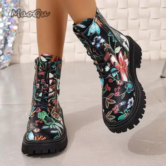 Nouvelle mode femmes bottes côté fermeture éclair fond épais Style britannique Botas Mujer tendance polyvalent bottes courtes imprimé fleuri Botines