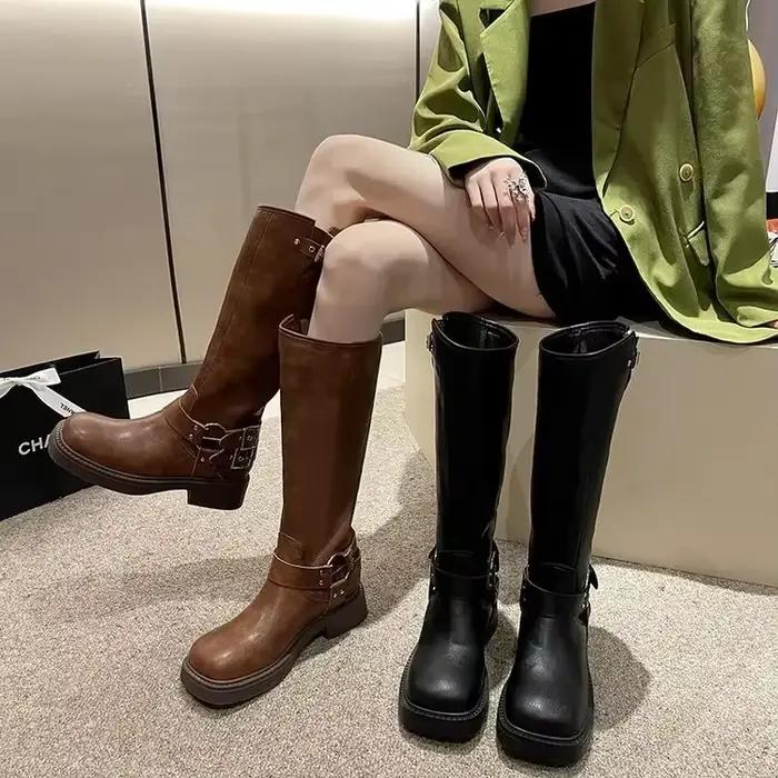 Bottes en Denim Vintage marron bottes à Tube Long Style Maillard femmes été semelle mince bottes de cavalier à Tube haut matériau en caoutchouc