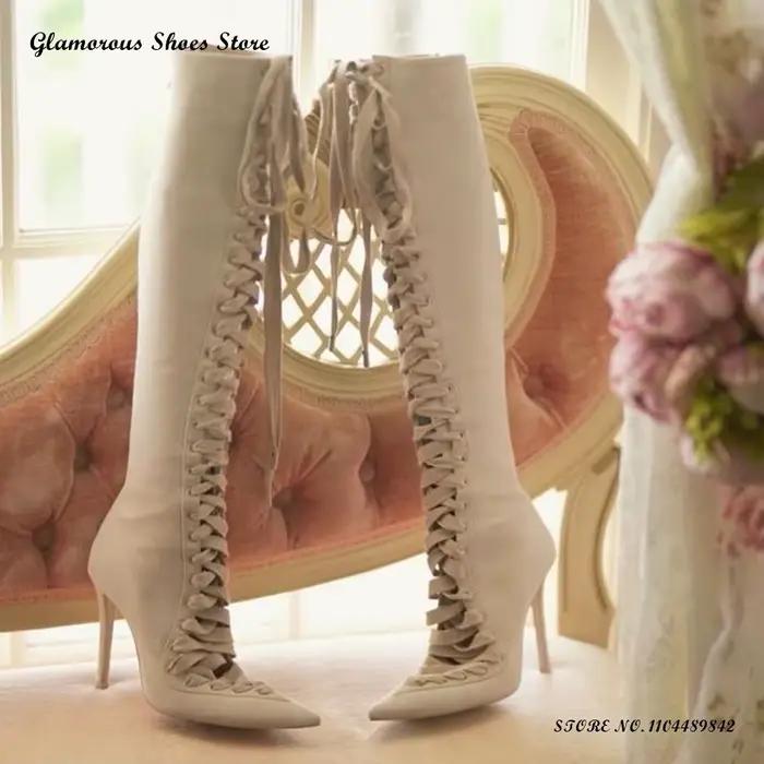 Bottes hautes en daim à lacets pour femmes, à bout pointu et talons fins, chaussures de soirée élégantes, modernes, à nouer, pour le printemps et l'automne