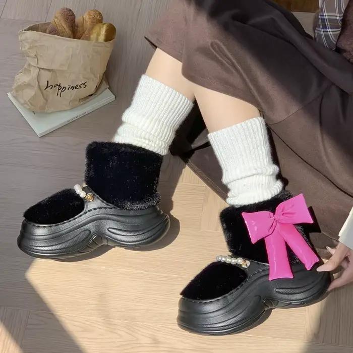 Bottes de neige LORGL en fourrure douce avec grand papillon pour femmes, style coréen, talon plat, bottes chaudes et antidérapantes pour hiver et activités quotidiennes