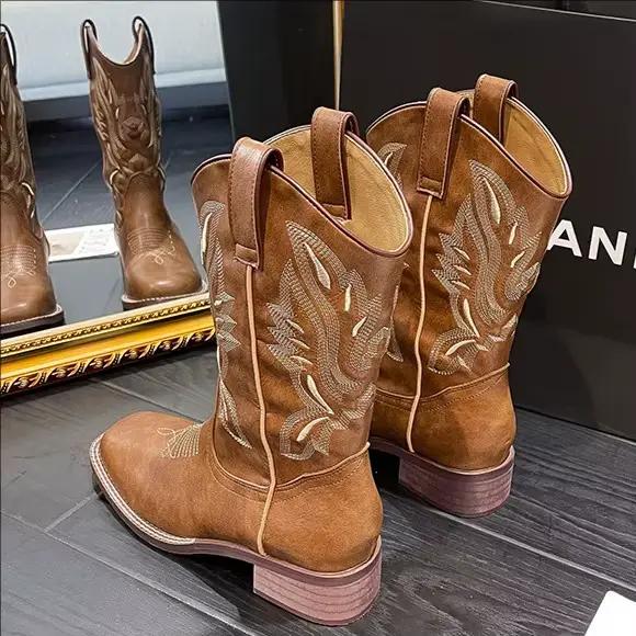 Offre spéciale Tenis De Mujer broderie bottines bout carré sans lacet femmes bottes Western Cowboy