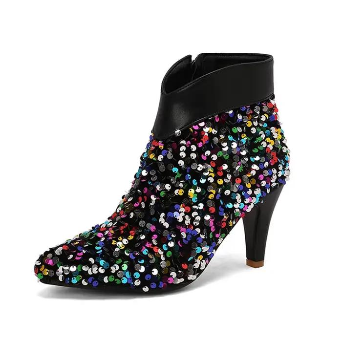 Botas De Mujer Fashion Sequin Ankle Boots Women Glitter Bling Shiny High Heels Side Zip Pointed Goth Shoes Big Size 46 47 L9-31