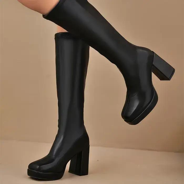 Plate-forme épaisse bottes en cuir Pu noir femme 2025 genou haute grande taille 42 talons hauts