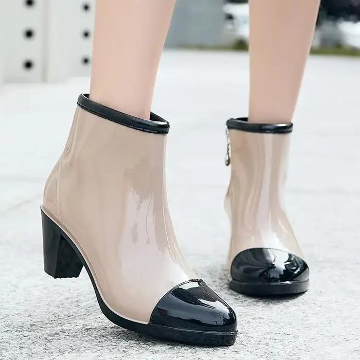 Designer de luxe femmes grosses bottes de pluie talons chaussures en caoutchouc imperméable Pvc jardin travail galoches