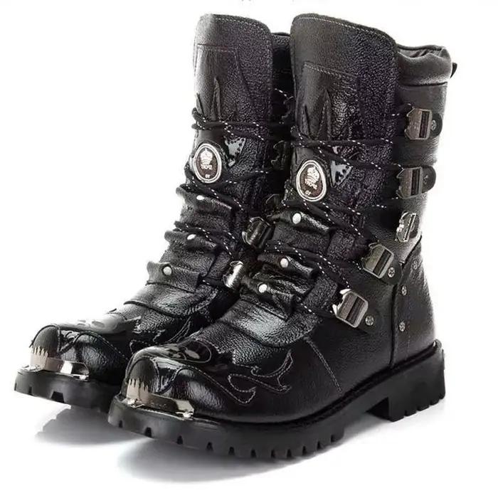 Hiver hommes bottes de moto 2025 nouvelle mode mi-mollet gothique ceinture Punk bottes hommes en cuir PU chaussures hautes hommes en peluche Botas