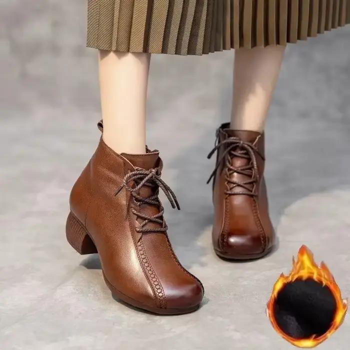 Bottines Courtes Rétro en Caoutchouc pour Femmes, Doublées en Polaire, Talon Carré, À Lacets Croisés, Style Vintage, Occasions Spéciales