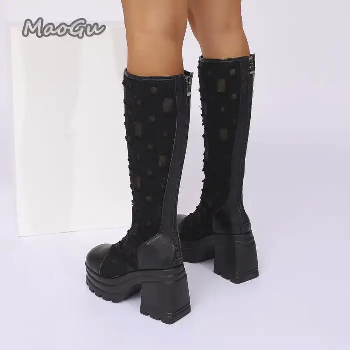 Nouvelles bottes maogu creuses pour femmes haute couture talon carré haut polyuréthane caoutchouc polyester automne printemps ocassions spéciales