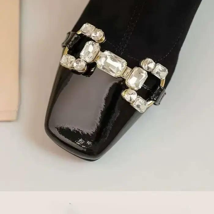 Bottines à boucle en strass pour femmes, bout carré, panneaux en daim, talons antidérapants et résistants à l'usure