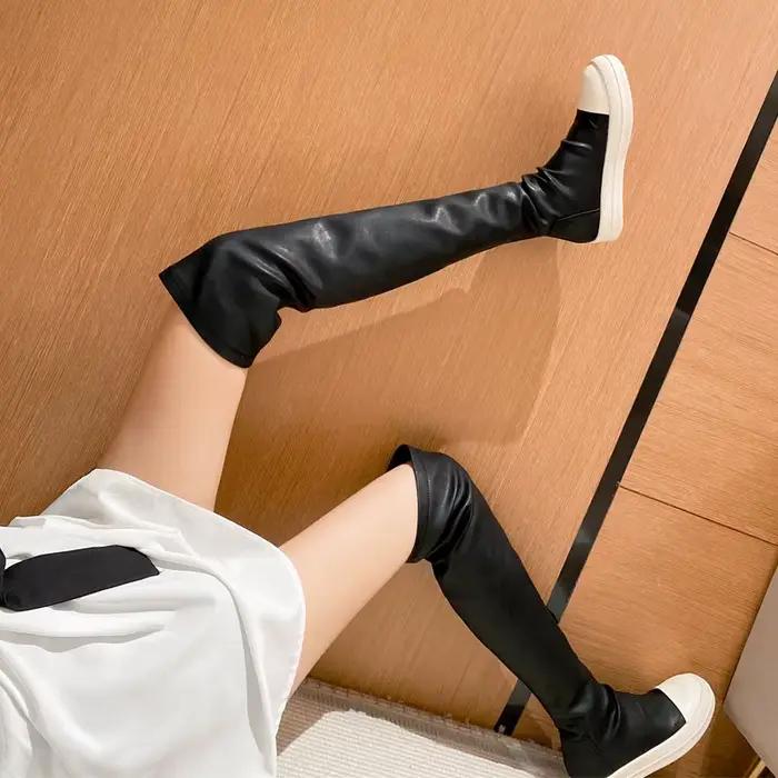 Femmes sur le genou bottes plate-forme automne talons plats pour femme semelle épaisse hiver mince élastique cuissardes chaussures d'hiver