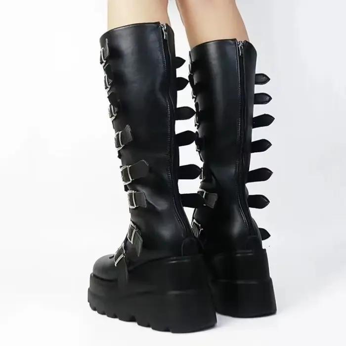 Femmes genou bottes hautes 2025 nouveau Halloween Cosplay femmes bottes gothique plate-forme Punk noir Sexy motos bottes dames talon haut