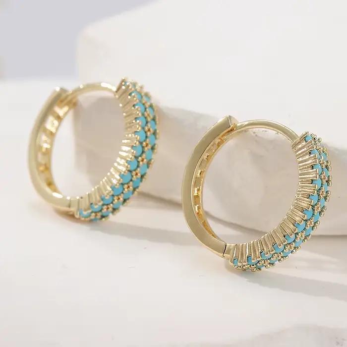 Boucles d'oreilles turquoise synthétiques rétro à Double rangée, exquises et élégantes, bijoux classiques pour femmes, accessoires de bijoux de vacances