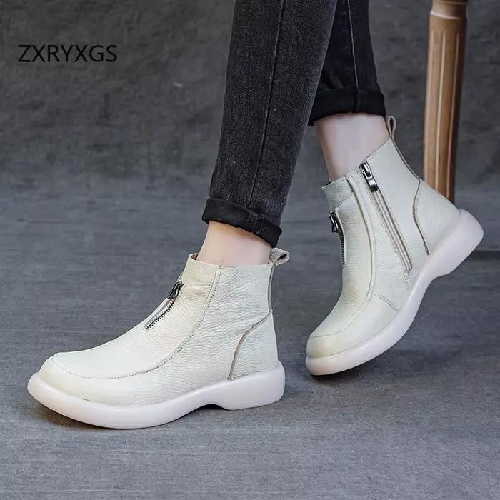 Bottes courtes en cuir véritable ZXRYXGS style camouflage talon plat semelle souple pour femmes printemps automne occassions spéciales