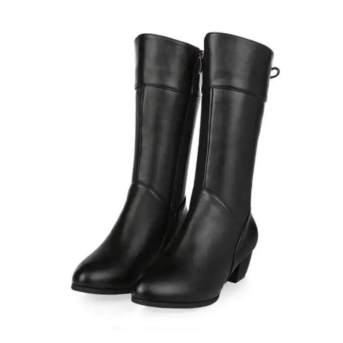 Bottes d'hiver mi-mollet pour femmes, chaussures décontractées, document pur, Parker rond, fermeture éclair, talons carrés, bottes vintage pour femmes