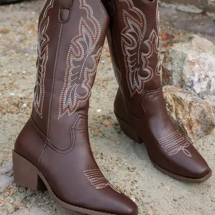 Bottes de cow-boy pour femmes, bottes de combat vintage, à talon bloc épais, bout pointu, talon haut, hauteur genou, style cowgirl