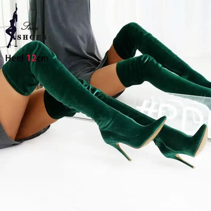 Bottes longues en velours pour femmes, bout pointu, talons aiguilles, grande taille, cuissardes élastiques, nouvelles bottes modernes pour printemps-automne 2024