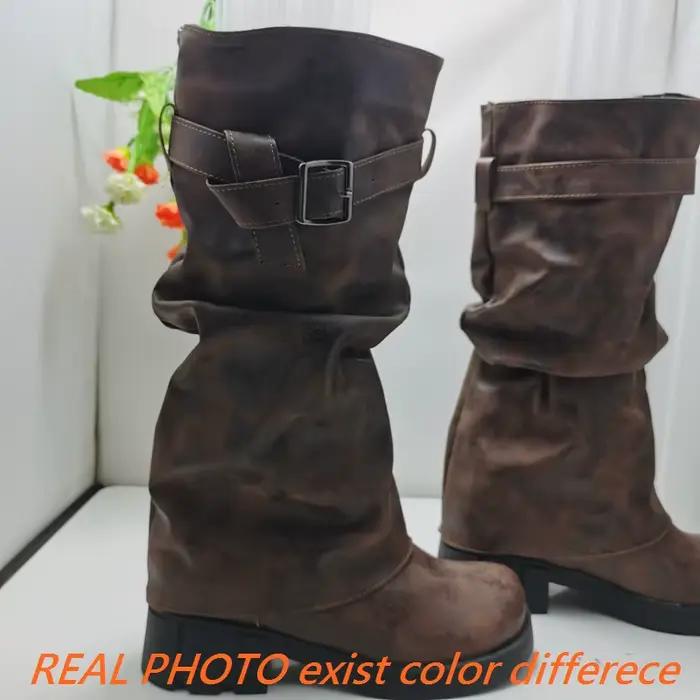 ORCHALISA mode femme genou bottes bout rond talons épais sans lacet grande taille 42 43 britannique Long Bota