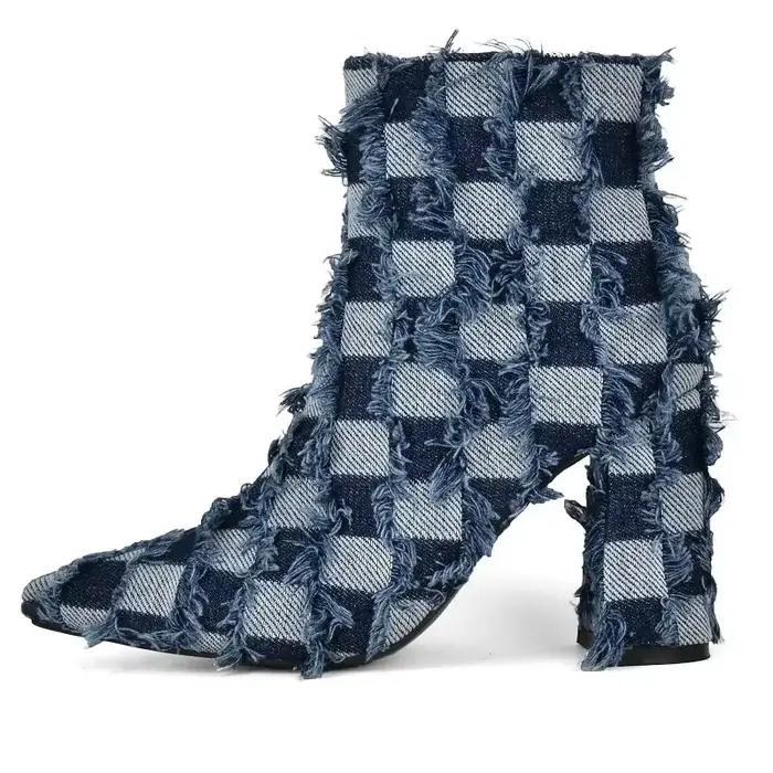 Bottines femmes luxe Denim jean bleu noir damier bout pointu bloc talons hauts hiver chaud avec franges Goth bottes courtes