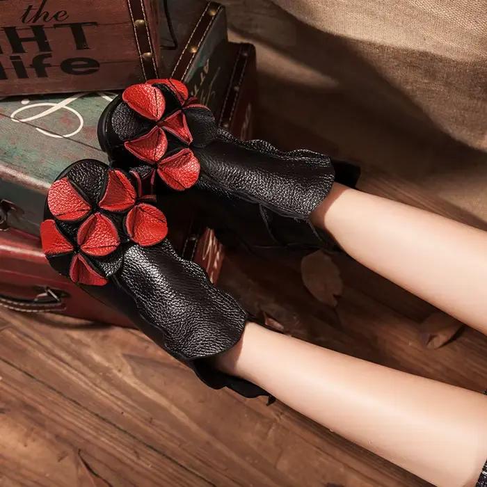 Chaussures en cuir véritable fabriquées à la main pour femmes, bottes Vintage à talons épais avec fermeture éclair au dos, bottes courtes florales à la mode, chaussures de Cosplay 2025