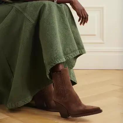 Bottines western en daim gris/noir/marron pour femme, à talon épais, décontractées, à bout pointu, nouvelle collection 2026, chaussures en cuir