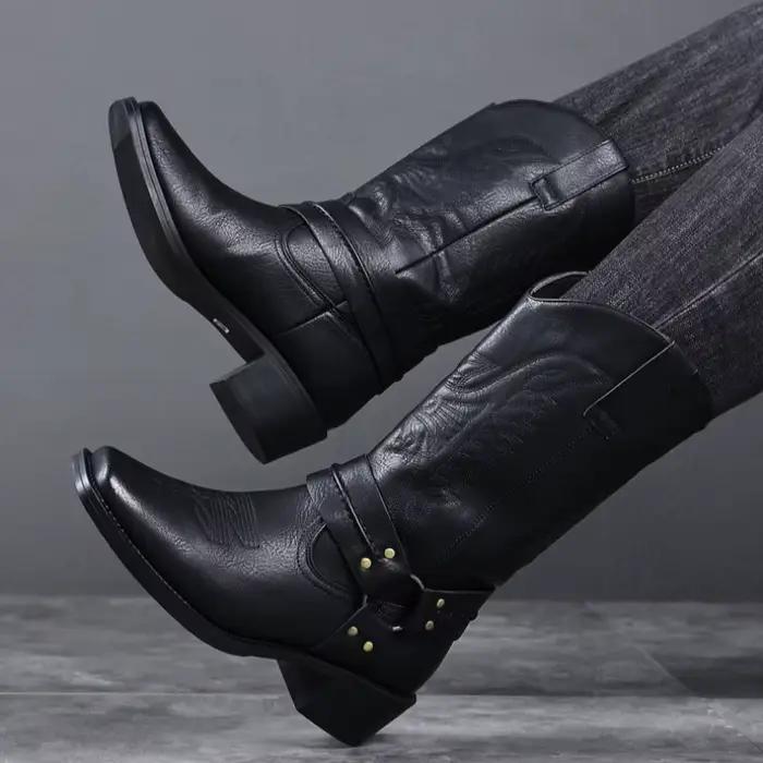 Bottes pour hommes, bottes de cowboy western rétro brodées, bottes de moto tendance pour hommes, bottes en cuir mi-mollet, Botas Masculino