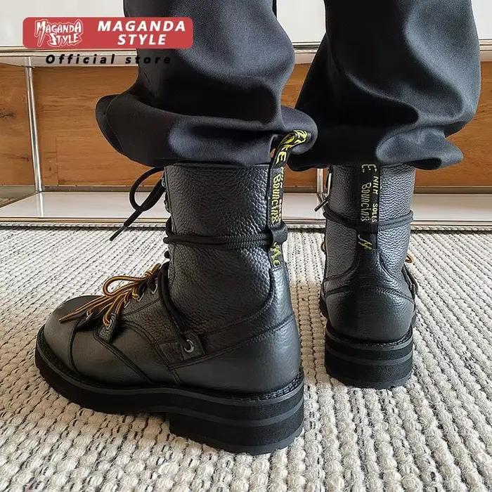 Couche de tête en peau de vache bottes courtes hommes à semelles épaisses hauteur augmentant parachutiste vêtements de travail conception fermeture éclair style à lacets chaussures de plein air