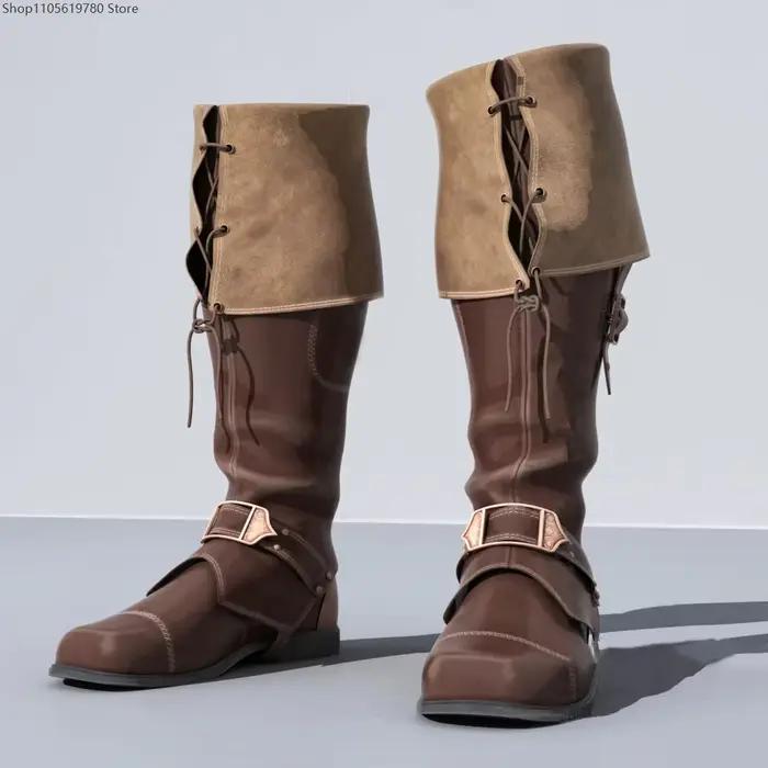 Bottes plates pour hommes, style rétro, à bout carré, avec boucle de ceinture, à lacets, à tige longue, à talon bas, pour cosplay, jeux de rôle, fête, costume