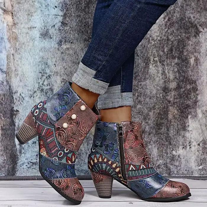 Vintage en cuir femmes bottes bohème nouvelle femme rétro imprimé boucle souple fermeture éclair bottines