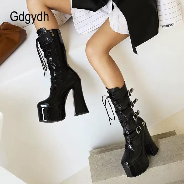 Gdgydh bottes longues noires à lacets avec boucle et talon épais