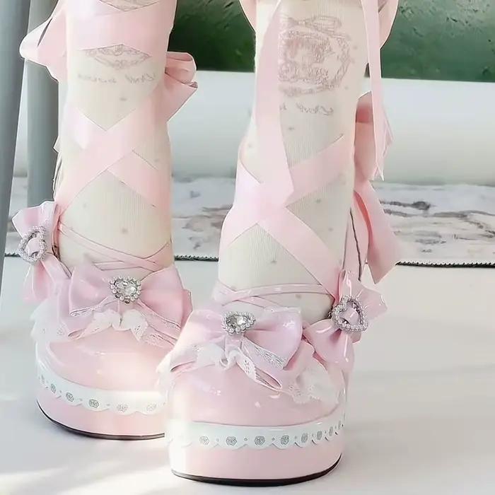 Chaussures en cuir à talons hauts Lolita pour femmes, originales, Style féerique, Cosplay japonais, Design de 5cm, chaussures de rue avec nœud en strass, Y2k