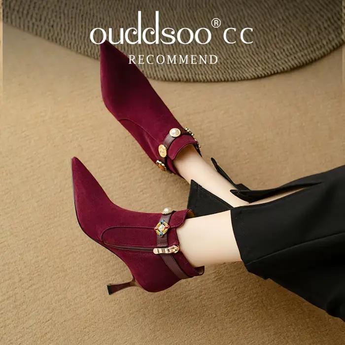 Ods-Bottes pointues en daim de mouton pour femme, chaussures en cuir, Parker, talon fin, bottes de rinçage zippées, strucmoderne, automne, hiver, 2025