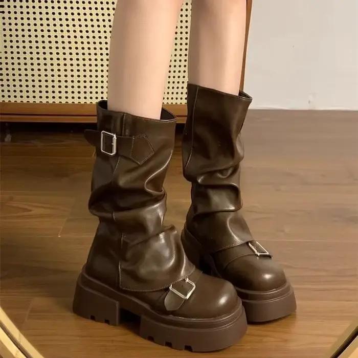 Chaussures pour femmes mi-mollet bottes pour femmes plate-forme bottes modernes femmes boucle de ceinture bout carré fermeture éclair latérale chaussures à talons carrés femme