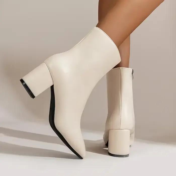 Bottines blanches pour femmes, chaussures pointues à la mode, avec fermeture éclair latérale, talon moyen extensible, grande taille, nouvelle collection 2024
