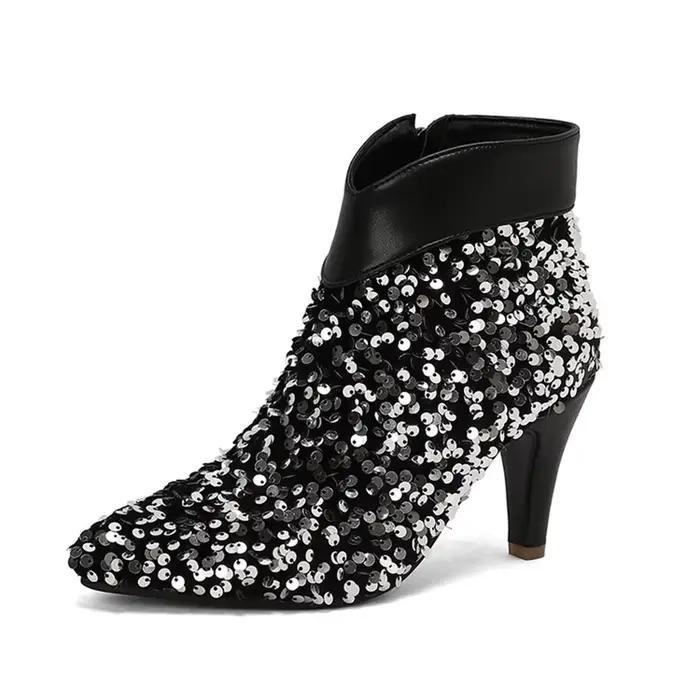 Botas De Mujer Fashion Sequin Ankle Boots Women Glitter Bling Shiny High Heels Side Zip Pointed Goth Shoes Big Size 46 47 L9-31
