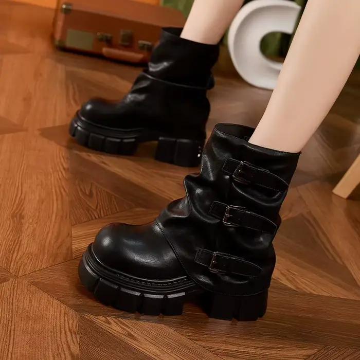 Bottines à plateforme haute pour femmes, baskets en cuir souple à talons épais de 9CM, bottes courtes à boucle pour moto, pour l'automne et l'hiver